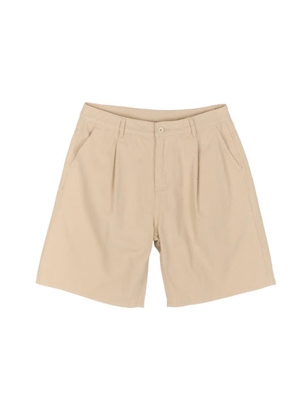 Men's Pintuck Cotton Bermuda Shorts IL515 Beige flat-lay overhead full front view of beige cotton bermuda shorts with pintuck pleats and clean wide silhouette