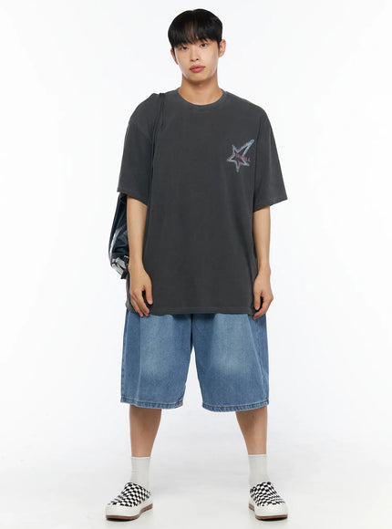 Men's Pintuck Jorts IL510 Blue full-body front view on model styled with charcoal star graphic tee and checkered slip-on shoes