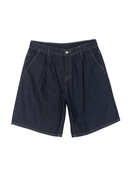 Men's Pintuck Wide Bermuda Shorts IL528 Dark blue flat-lay front view showing pintuck pleats wide leg cut silver button and contrast topstitching