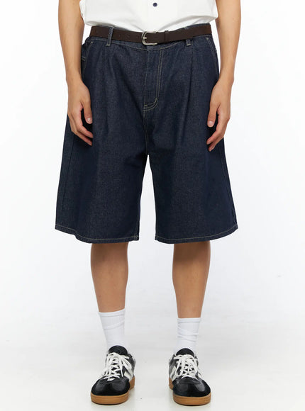 LEWKIN Men's Pintuck Wide Bermuda Shorts IL528 Dark blue front view on model wearing white shirt and brown belt with sneakers