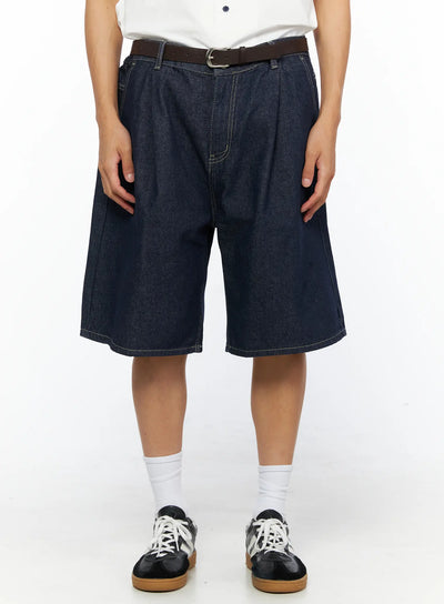 LEWKIN Men's Pintuck Wide Bermuda Shorts IL528 Dark blue front view on model wearing white shirt and brown belt with sneakers