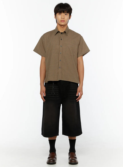 Men's Plaid Button-Up Shirt IL510 Brown front full-body shot on male model standing straight paired with black wide-leg culottes and loafers