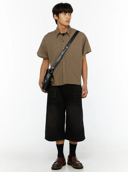 LEWKIN Men's Plaid Button-Up Shirt IL510 Brown full-body angled shot on male model styled with black wide-leg culottes crossbody bag and loafers