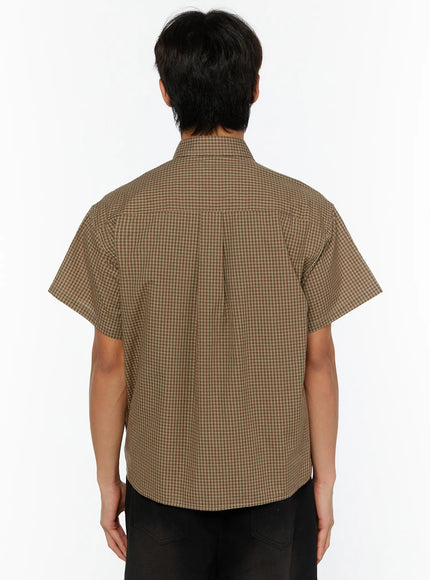 Men's Plaid Button-Up Shirt IL510 Brown back shot on male model showing yoke seam detail short sleeves and relaxed cropped fit with gingham check fabric