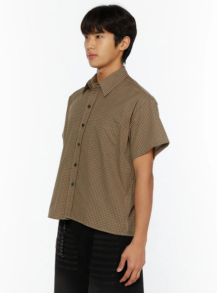 Men's Plaid Button-Up Shirt IL510 Brown side shot on male model showing chest pocket point collar and cropped boxy silhouette with gingham texture
