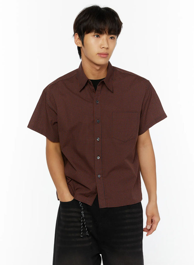 Men's Plaid Button-Up Shirt IL510 in Dark red, size S/M