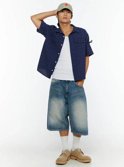 LEWKIN Men's Plaid Button-Up Shirt IL513 Dark blue full-body front shot on model styled with cap, denim shorts, and beige shoes