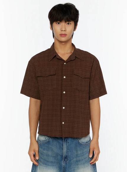Men's Plaid Button-Up Shirt IL513 in Dark brown, size M/L