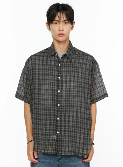 Men's Plaid Button-Up Shirt IL520 in Dark gray, size M/L