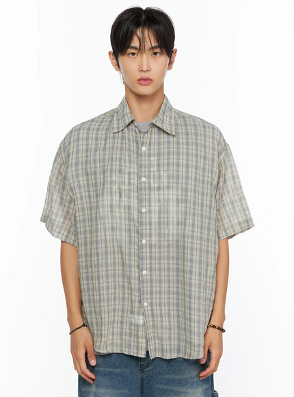 Men's Plaid Button-Up Shirt IL520 in Light gray, size M/L