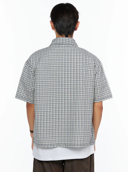Men's Plaid Graphic Button-Up Shirt IL528 light beige back shot on male model showing clean seersucker plaid texture and boxy short-sleeve silhouette