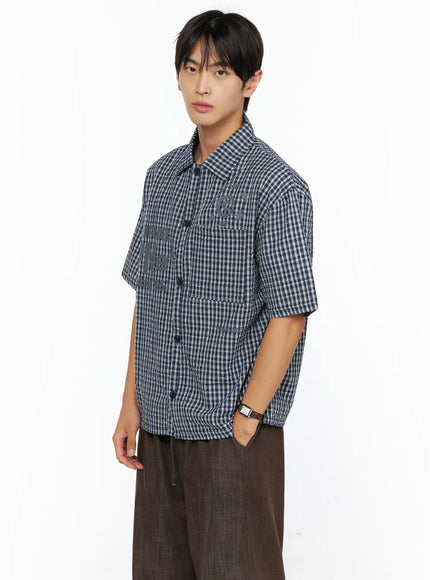 Men's Plaid Graphic Button-Up Shirt IL528 in Dark blue, size M/L