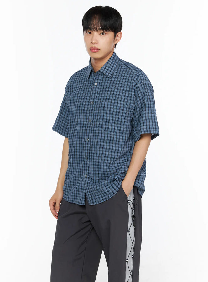 Men's Plaid Roll-Up Short Sleeve Shirt IL514 in Blue, size M/L