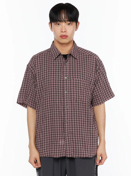 Men's Plaid Roll-Up Short Sleeve Shirt IL514 in Pink, size M/L