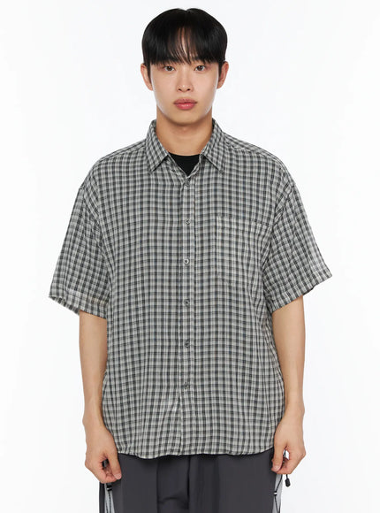 Men's Plaid Roll-Up Short Sleeve Shirt IL514 in White, size M/L