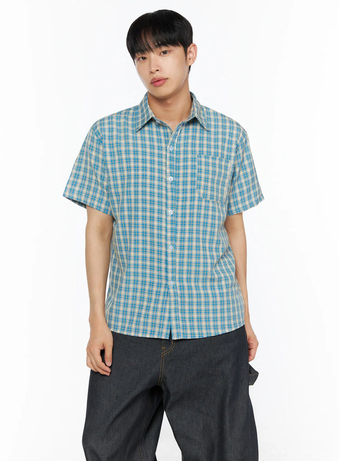Men's Plaid Short Sleeve Shirt IL510 in Blue, size M/L