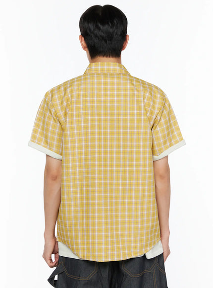 Men's Plaid Short Sleeve Shirt IL510 Yellow back shot on model showing clean plaid pattern rolled short sleeves and cream contrast cuff lining