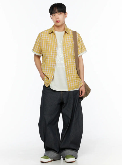 Men's Plaid Short Sleeve Shirt IL510 in Yellow, size M/L