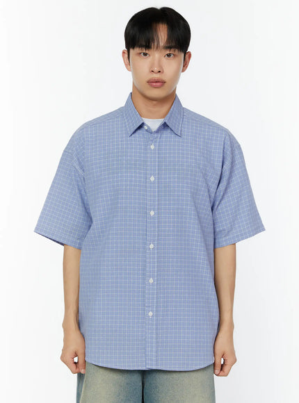 Men's Plaid Short Sleeve Shirt IU529 in Light blue, size M/L