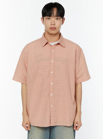 Men's Plaid Short Sleeve Shirt IU529 in Pink, size M/L