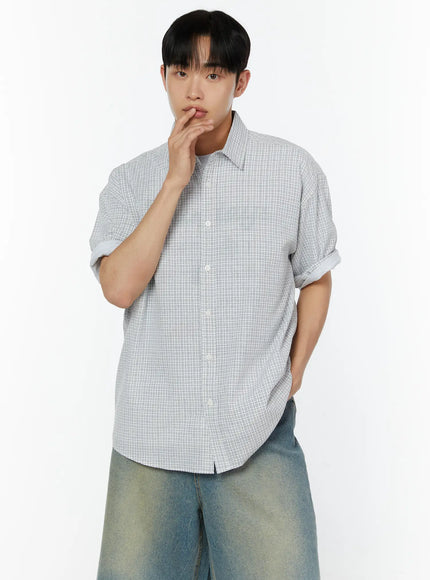 Men's Plaid Short Sleeve Shirt IU529 in White, size M/L