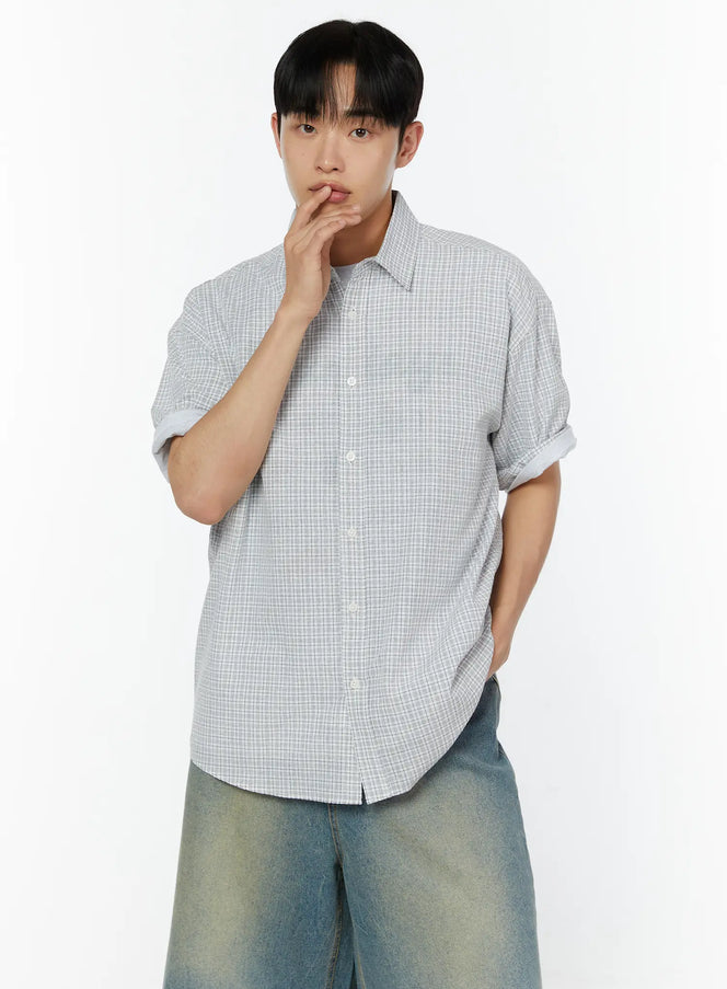 Men's Plaid Short Sleeve Shirt IU529 in White, size M/L
