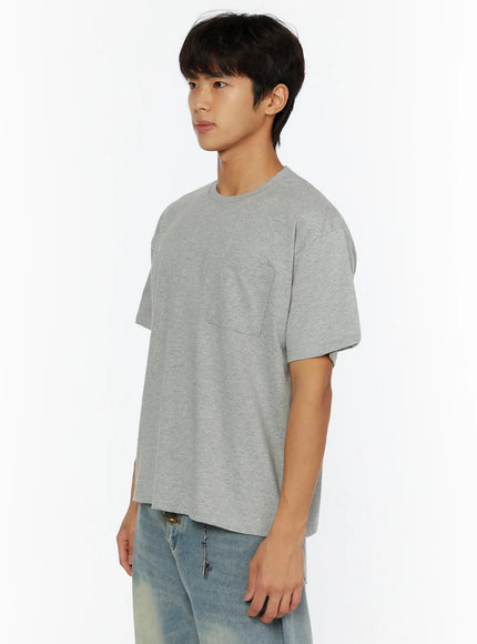 Men's Pocket Semi-Crop T-Shirt IL507 Gray side shot on male model showing chest pocket detail boxy cut and dropped shoulder heathered cotton fabric