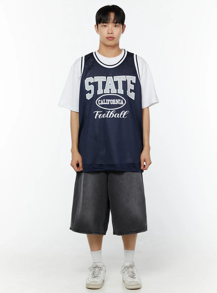 Men's Print Basketball Vest IU529 in Dark blue, size M/L