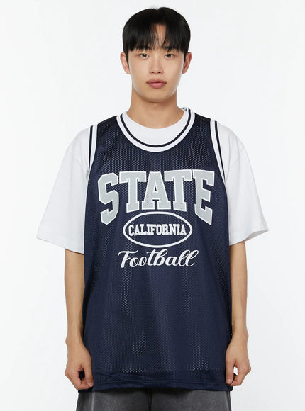 Men's Print Basketball Vest IU529 Navy close-up front shot on model cropped view highlighting STATE California Football graphic print on navy perforated mesh fabric