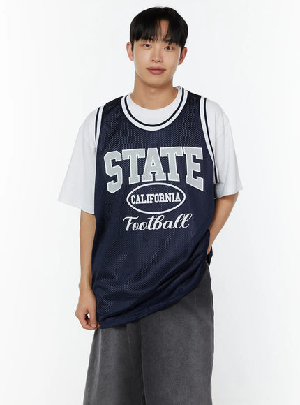 Men's Print Basketball Vest IU529 Navy front shot on model standing upright STATE California Football graphic print perforated mesh fabric layered over white tee