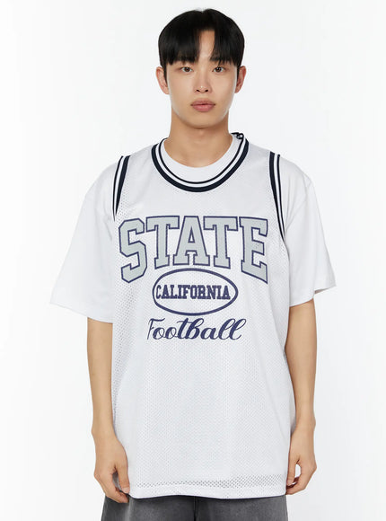 Men's Print Basketball Vest IU529 White close-up front shot on model cropped view showing STATE California Football graphic print on white perforated mesh with navy stripe neckline