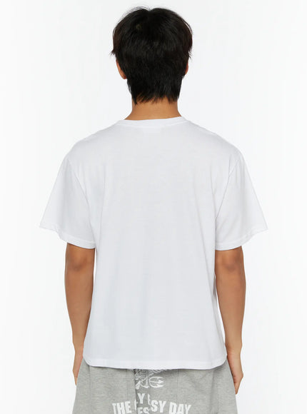 Men's Punk Graphic T-Shirt IL513 White back shot on male model standing straight showing plain white reverse and boxy drop-shoulder cotton construction