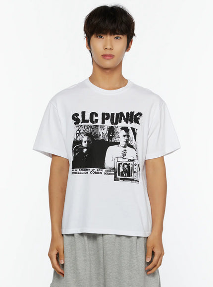 Men's Punk Graphic T-Shirt IL513 White front close-up shot on male model arms at sides showing SLC PUNK large graphic print and crew neckline detail