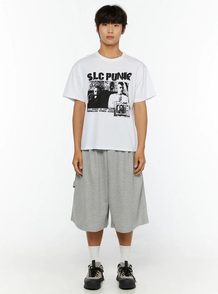 Men's Punk Graphic T-Shirt IL513 White full-body front shot on male model standing upright showing complete SLC PUNK graphic print and boxy cotton fit