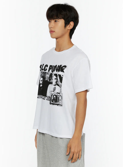 Men's Punk Graphic T-Shirt IL513 White side close-up shot on male model showing SLC PUNK distressed graphic print detail and short sleeve structure