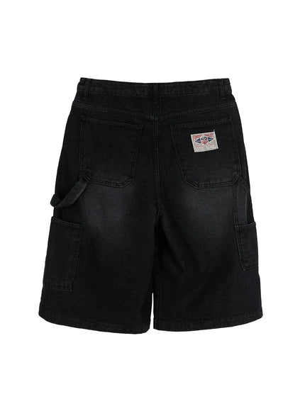 Men's Relaxed Denim Carpenter Shorts IL513 Black flat-lay back view, showing dual back pockets and Finest Quality No Stop brand label patch on white background