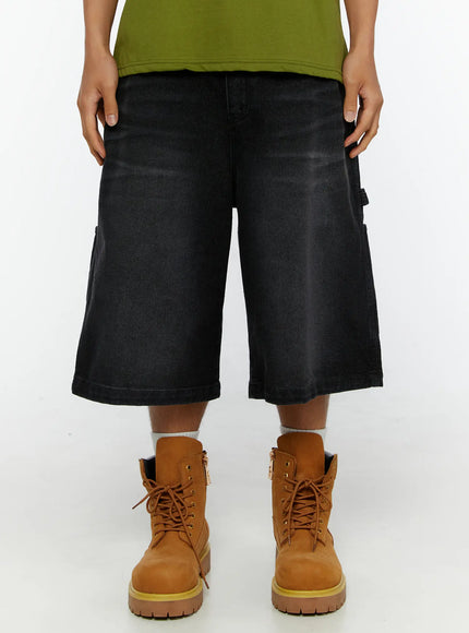 LEWKIN Men's Relaxed Denim Carpenter Shorts IL513 Black front close-up on model size S, wide-leg washed denim, worn with olive tee and tan boots