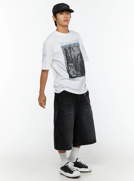 Men's Relaxed Denim Carpenter Shorts IL513 Black full-body front view on male model, styled with white graphic tee, black cap and black sneakers