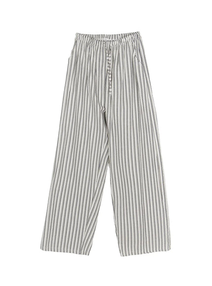 Men's Relaxed-Fit Pajama Pants IL520 Dark blue flat-lay front view showing elastic waistband button fly wide-leg cut and black-on-white vertical stripe seersucker texture
