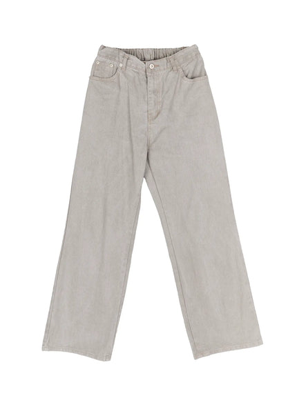 Men's Relaxed Fit Pants (Light Gray) IU523 Light Gray flat-lay front view showing wide-leg silhouette elastic waistband button closure and five-pocket denim construction