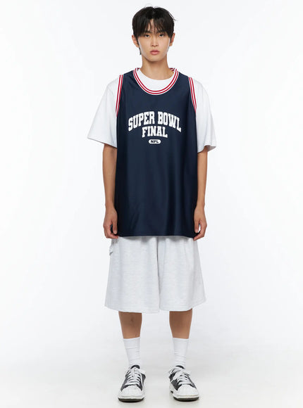 Men's Relaxed-Fit Sweat Shorts IL515 Light gray full front outfit shot on male model styled with navy Super Bowl Final jersey over white tee and sneakers