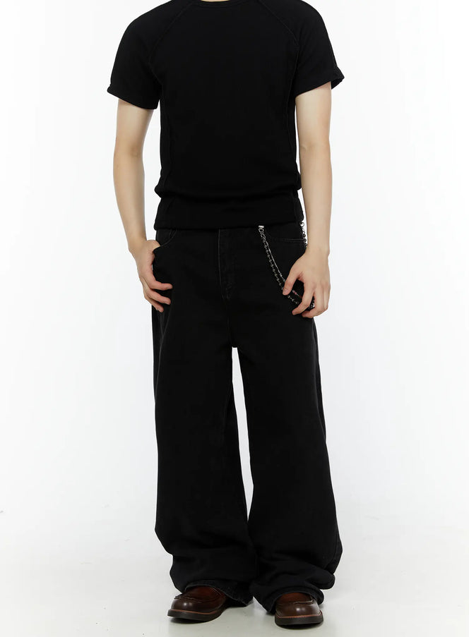 Men's Relaxed Fit Wide Leg Jeans IL509 in Black, size S