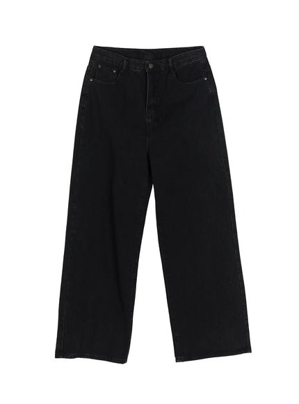 Men's Relaxed Fit Wide Leg Jeans IL509 Black flat-lay showing full-length front, five-pocket construction, center button closure and wide-leg denim silhouette