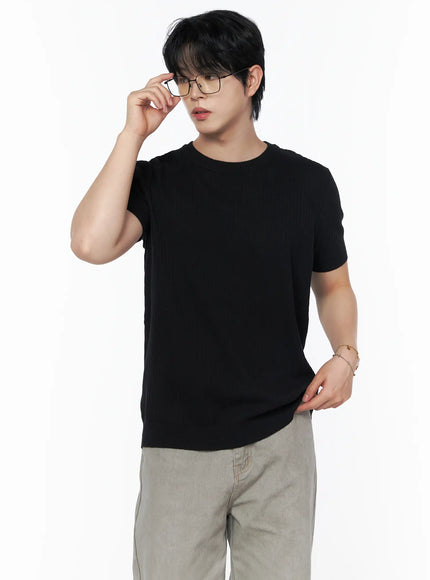 Men's Ribbed Slim Fit Knit T-Shirt IU523 in Black, size M