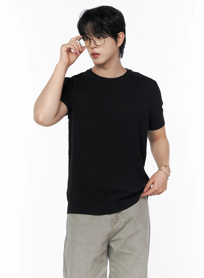 Men's Ribbed Slim Fit Knit T-Shirt IU523 in Black, size M
