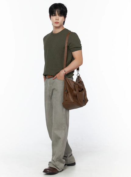 Men's Ribbed Slim Fit Knit T-Shirt IU523 in Dark green, size M