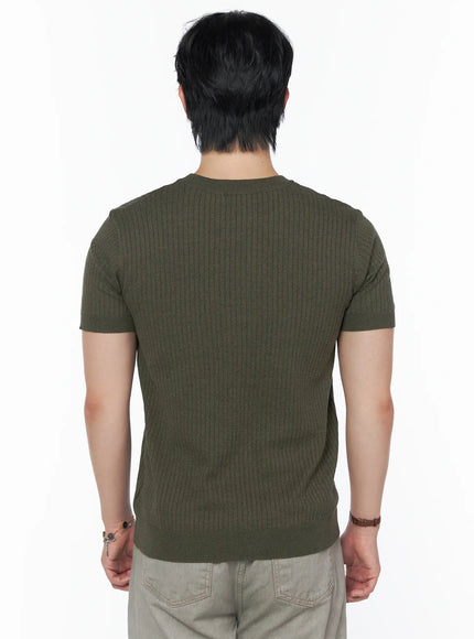 Men's Ribbed Slim Fit Knit T-Shirt IU523 Khaki Green back shot on male model showing ribbed knit texture slim fit silhouette and round neckline from behind