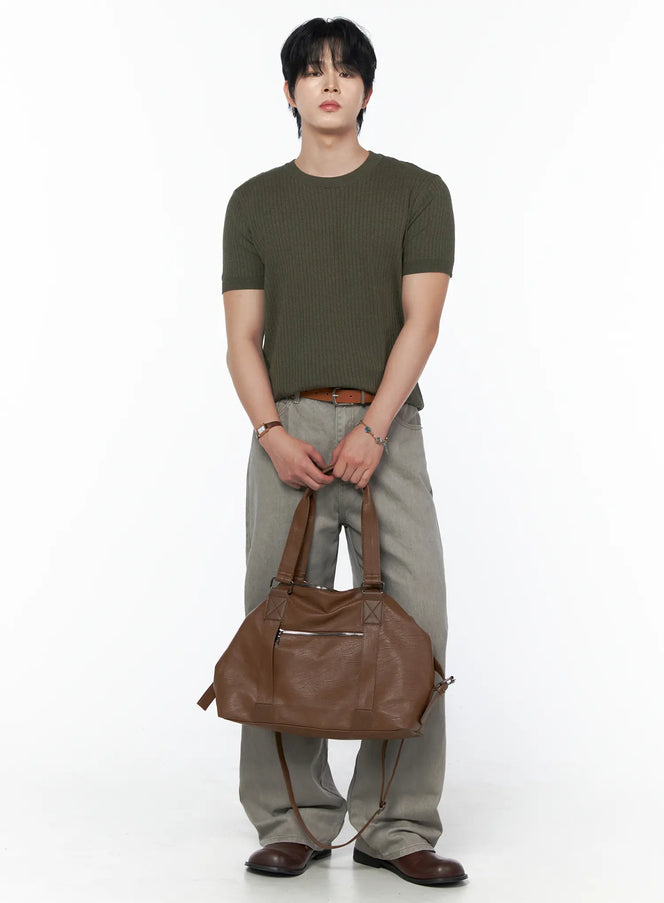 Men's Ribbed Slim Fit Knit T-Shirt IU523 Khaki Green full-body front shot on male model holding brown leather duffle bag styled with wide-leg grey pants