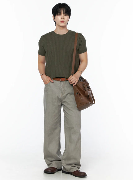 Men's Ribbed Slim Fit Knit T-Shirt IU523 Khaki Green full-body front shot on male model styled with brown crossbody bag belt and wide-leg grey denim