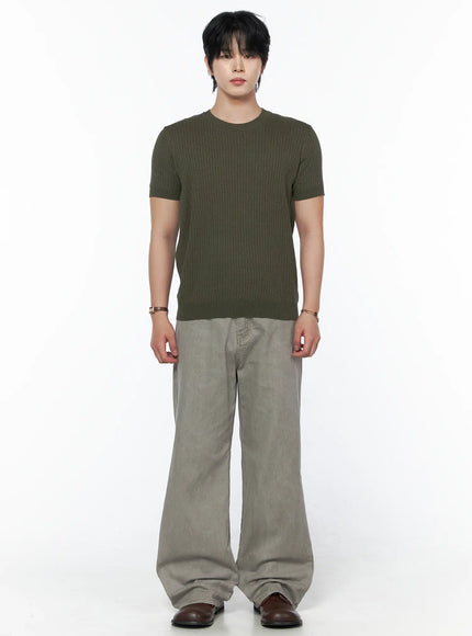 Men's Ribbed Slim Fit Knit T-Shirt IU523 Khaki Green full-body front shot on male model standing straight arms at sides paired with wide-leg grey pants